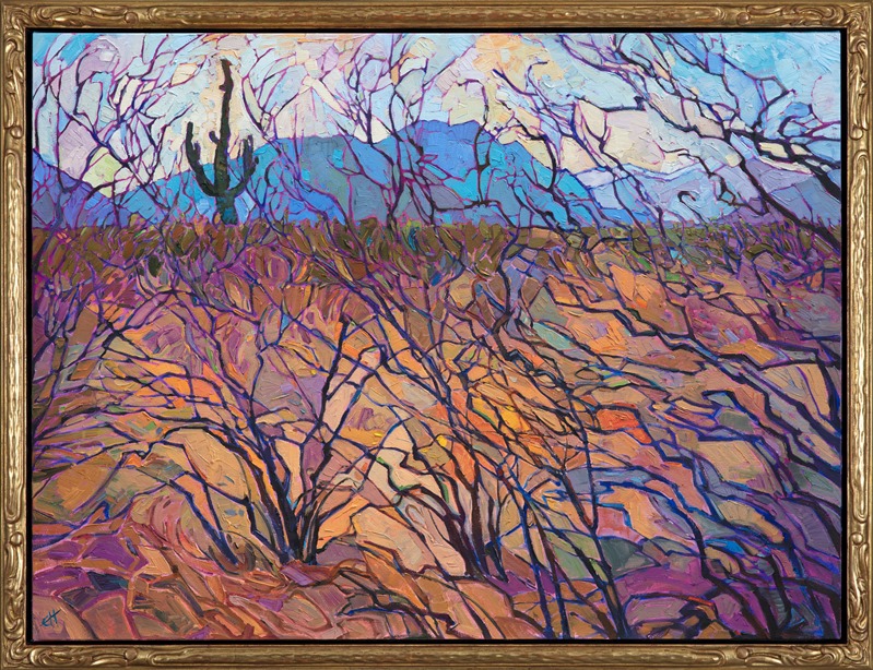 Colorful abstract desert landscape by contemporary impressionist painter Erin Hanson, this piece is framed in a hand carved gold floater frame.
