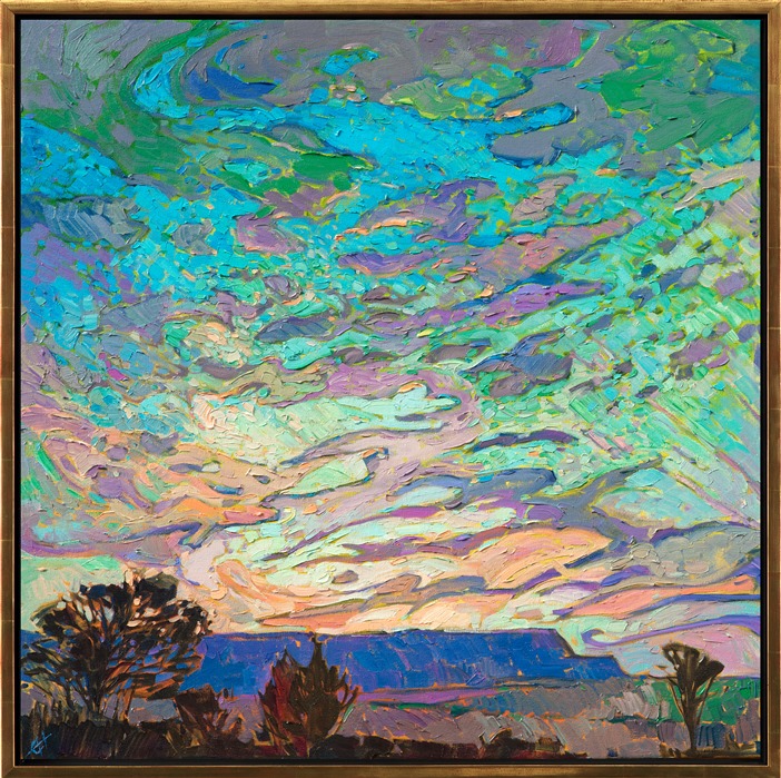 Beautiful desert sky oil painting framed in a gold floater frame painted by Erin Hanson