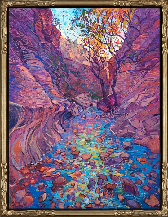 Colorful autumn landscape oil painting of Emerald Pools in Zion National Park by contemporary impressionist artist Erin Hanson framed in a gold floater frame 