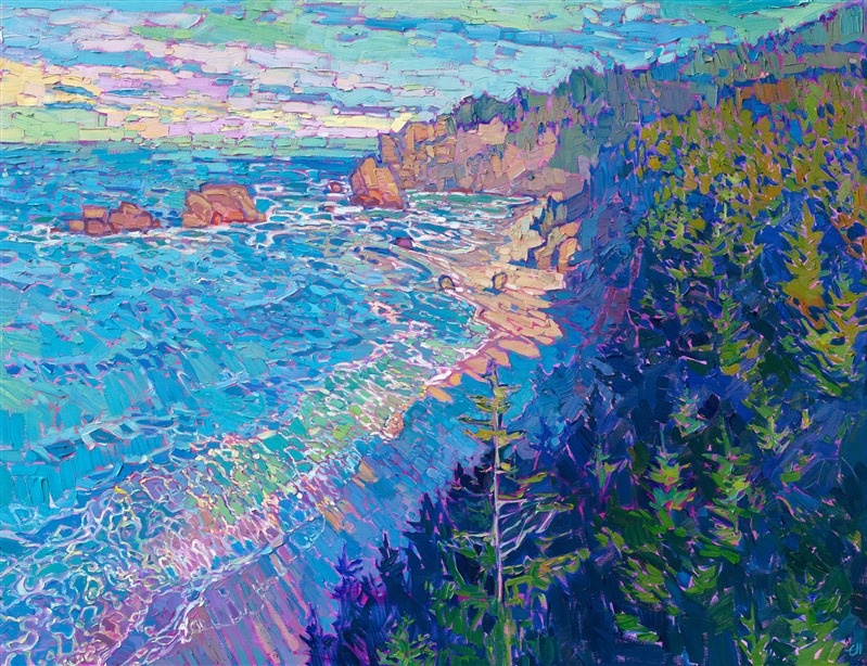 Northern Pacific coast evergreen coastal landscape by American impressionist Erin Hanson 