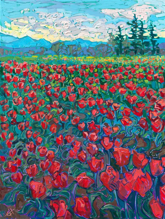 Tulip fields, original oil painting for sale by Erin Hanson.