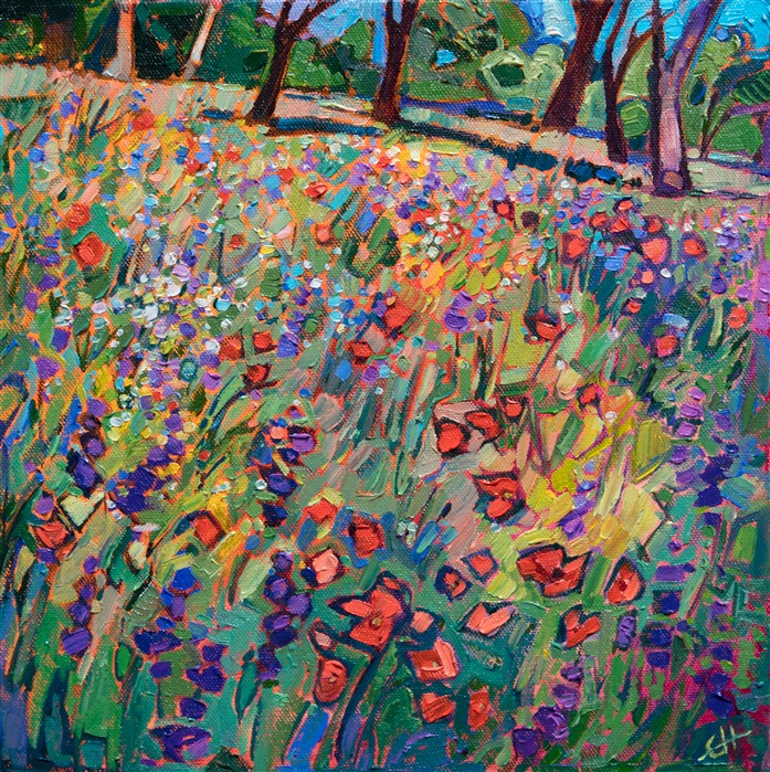 Texas hill country wildflowers oil painting in a modern impressionist style