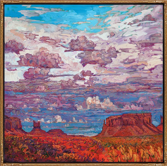 Large oil painting of Four Corners by contemporary impressionist artist Erin Hanson framed in a gold floater frame