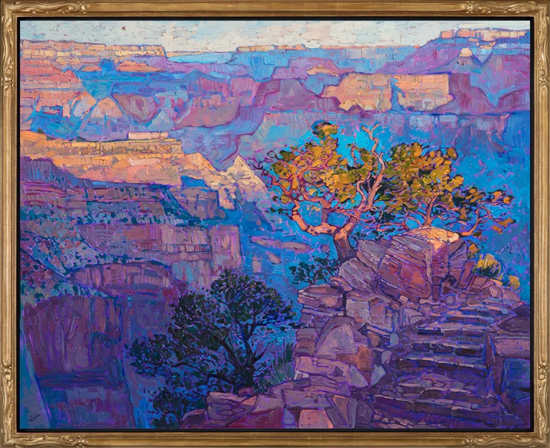 Hiking into the Grand Canyon to see a sunrise, I captured this vista with oil and canvas and 24kt gold leaf, framed in a gold floater frame