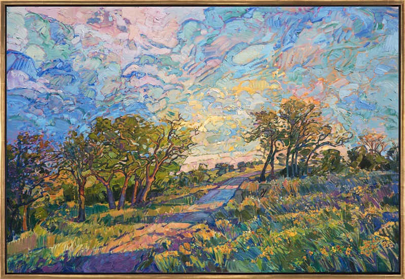 Texas wildflower landscape oil painting by contemporary impressionist artist Erin Hanson framed in a gold floater frame 
