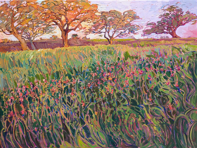Texas wildflowers painting of Indian paintbrushes and oak trees, by American impressionist Erin Hanson.