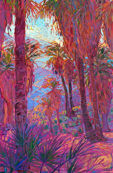 Indian Palms canyon landscape oil painting for sale of the Palm Springs desert, by Erin Hanson