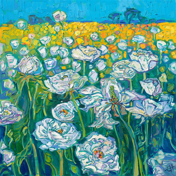 Carlsbad flower fields oil painting by California impressionist Erin Hanson.