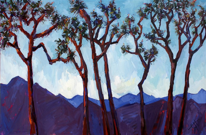 Dancing Joshua Trees intertwine in this whimsical painting by Erin Hanson.