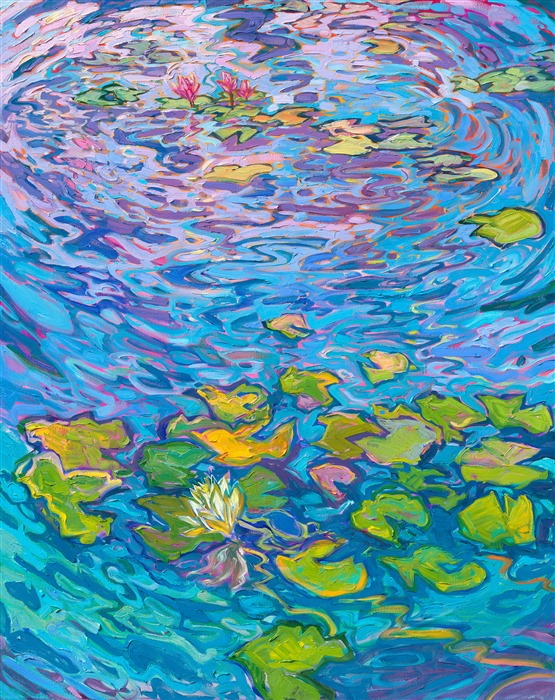Left panel of Lilies in Triptych, original impressionism oil painting by American impressionist Erin Hanson.
