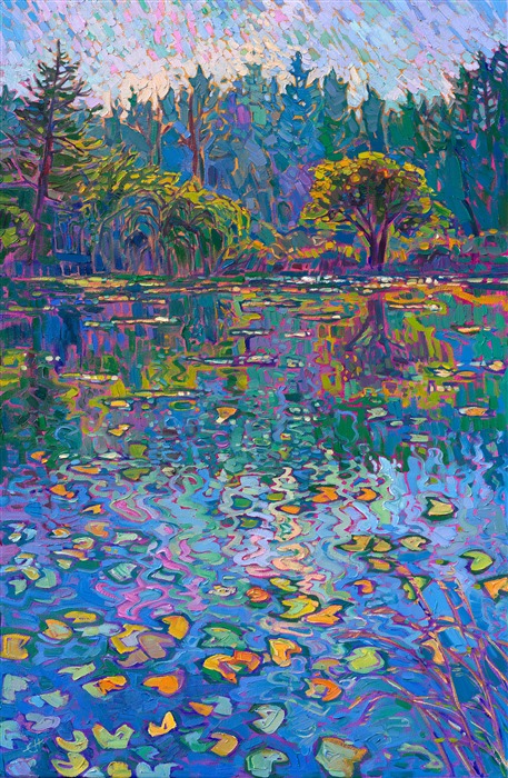 Monet like water lily pond in Oregon, painting in hues of blue and green, by modern impressionism painter Erin Hanson