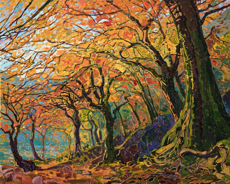 Kyoto maple trees fall color oil painting by master impressionist painter Erin Hanson.