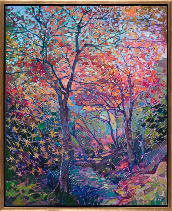 Beautiful oil painting of autumn maple trees in Japan by Erin Hanson framed in a gold floater frame