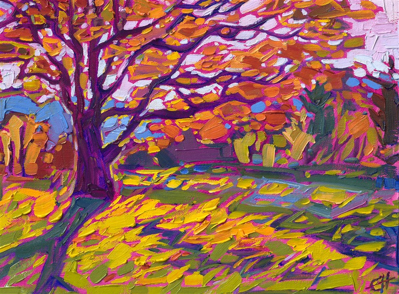 Painting of maple tree fall color in Blue Ridge Mountains in South Carolina, original oil painting for sale by Erin Hanson.