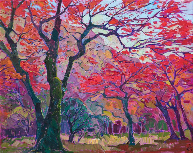 Arashiyama fall colors oil painting of the red maple trees in November, by American artist Erin Hanson.