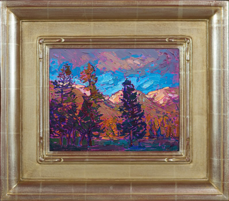 Montana Pines 8x10 oil painting in a hand-carved frame.