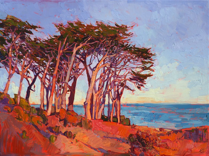 Monterey cypress tree painting in a modern impressionist style, by Erin Hanson