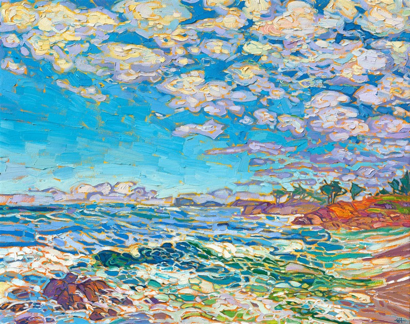 Monterey California oceanscape crashing waves oil painting by American impressionist Erin Hanson