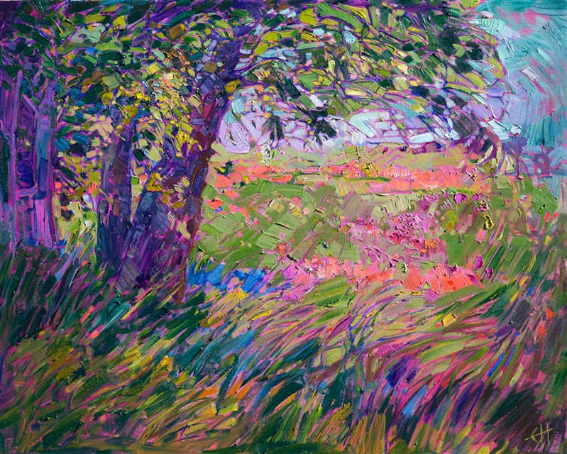 Mosaic wildflower landscape oil painting by modern expressionist Erin Hanson