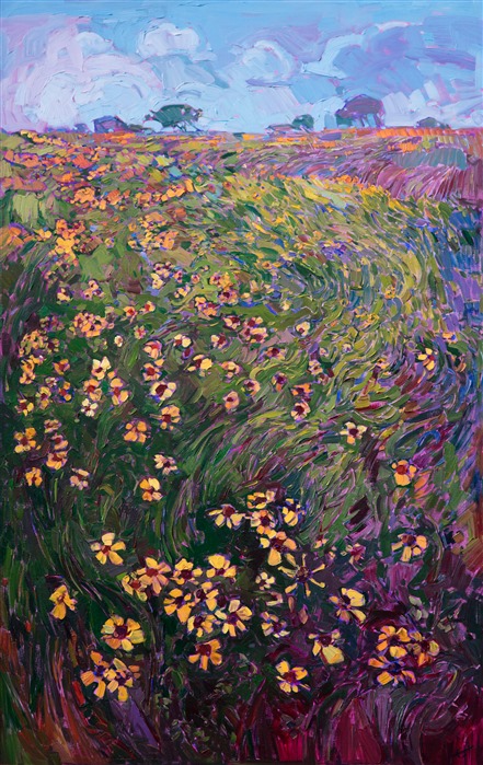 Texas hill country oil painting of black eyed Susans wildflowers, by Erin Hanson