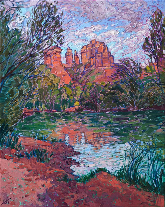 Sedona Oak Creek oil painting with red rock desert color and thick impressionistic brush strokes, by Erin Hanson