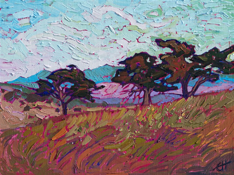 Oil Painting of oak trees on a hill painted impressionistically by Erin Hanson