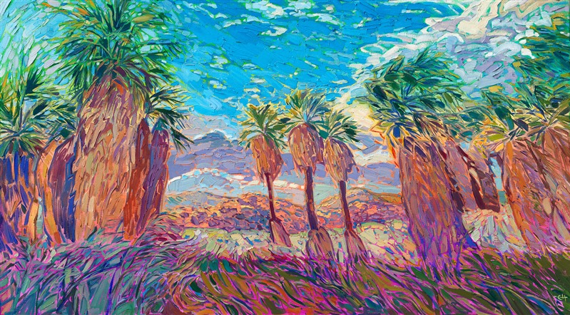 Oasis Sky - modern impressionism oil painting landscape of California palm oasis desert, in colorful impressionist hues, by Erin Hanson.