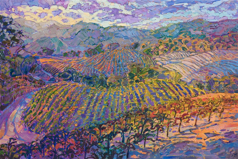 Opolo Vineyards in Paso Robles, California, is captured in kaleidoscope color in this impressionistic oil painting by Erin Hanson. The thick, expressive brush strokes and vivid hues capture the beauty and movement of the transient light across wine country at dawn.