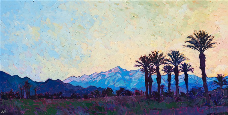 Scenery of Indio Polo Grounds in Coachella Valley with mountains and contrasting palm trees by impressionist artist Erin Hanson