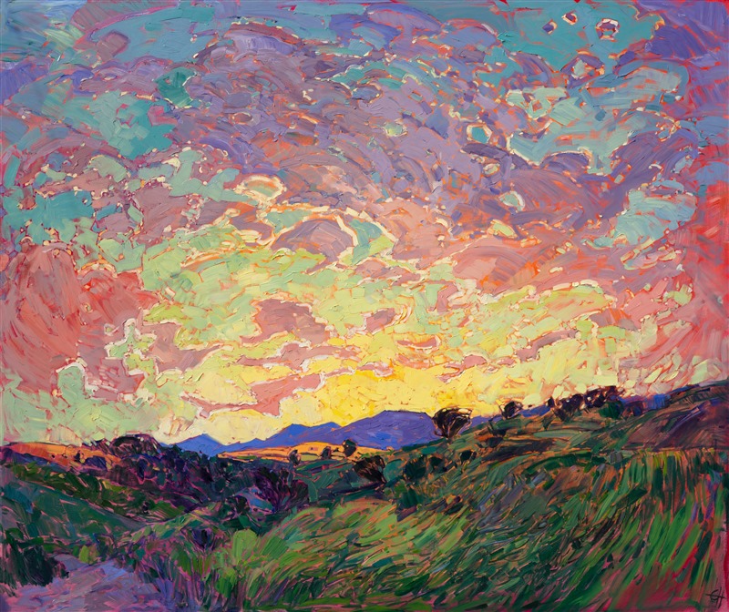 Large-scale oil painting landscape in a contemporary impressionist style, by Erin Hanson.