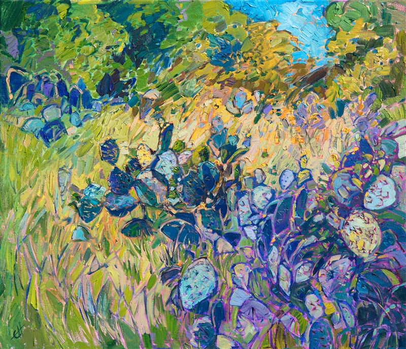 Texas landscape oil painting of a prickly pear in greens and purples by contemporary impressionist artist Erin Hanson