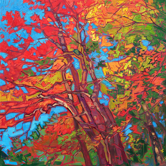 Red Japanese maple tree original impressionist oil painting by Erin Hanson