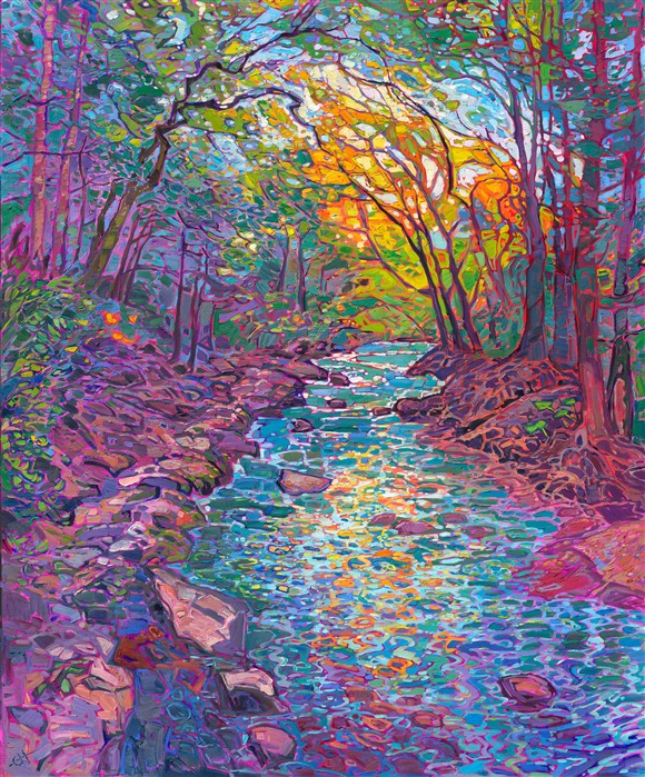 Original oil painting of fall colors reflected in a moving stream, painted in an impressionist style by Erin Hanson