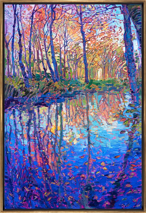 Oil painting of New England in autumn by contemporary impressionist artist Erin Hanson framed in a gold floater frame