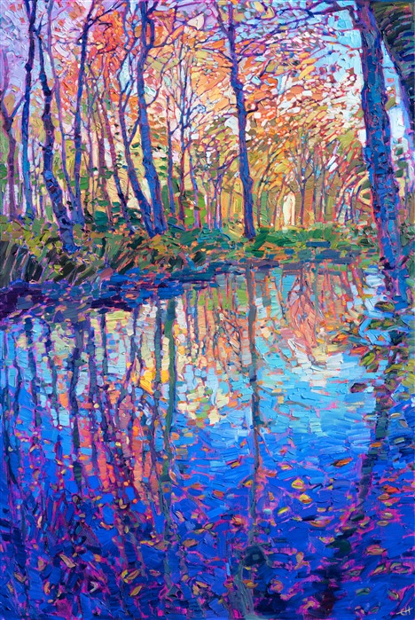 New England oil painting of fall color near the White Mountains, by modern impressionist Erin Hanson.