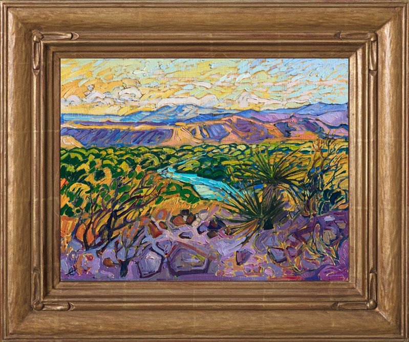Oil painting of Big Bend, Texas, by modern impressionist Erin Hanson, framed in a gold frame