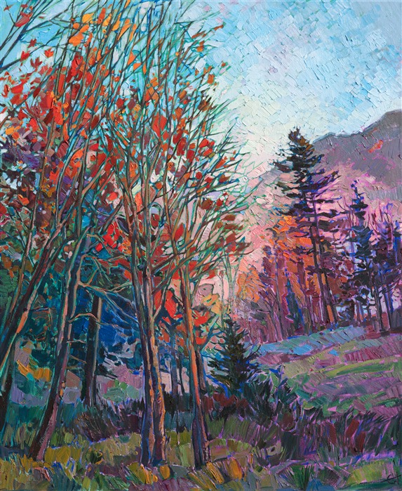 East coast Vermont landscape oil painting of fall colors, by modern impressionist Erin Hanson.