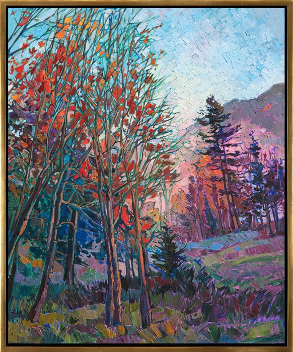 Autumn East coast oil painting by contemporary impressionist artist Erin Hanson framed in a gold floater frame