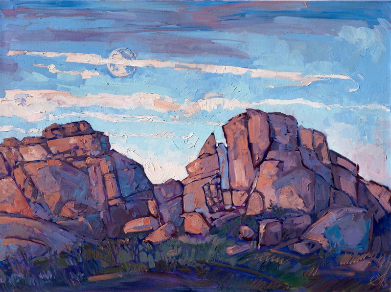 Original oil painting of Joshua Tree National Park with moon rising over the boulders by impressionist artist Erin Hanson