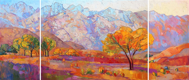 Sierra mountains triptych oil painting, by California impressionist Erin Hanson