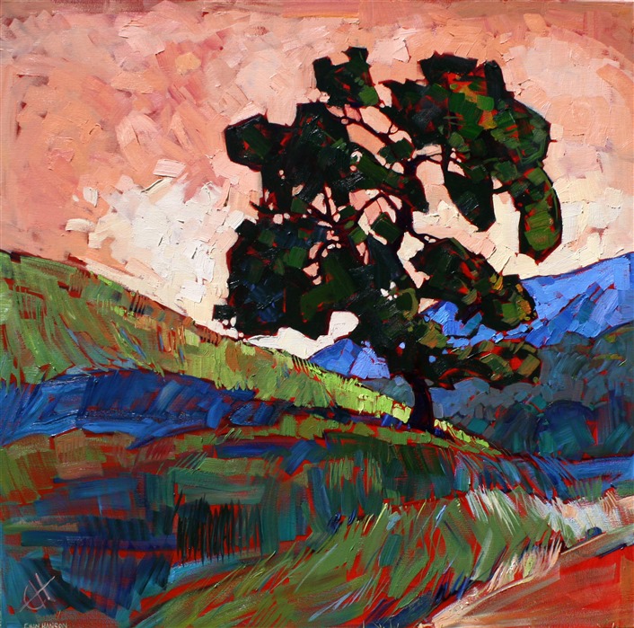 A salmon red sky appears over this California Oak, in this oil painting by Erin Hanson
