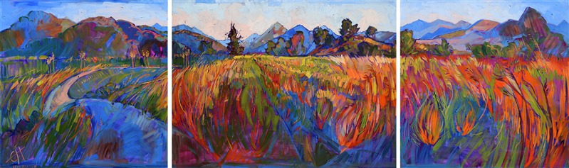 Triptych oil painting of San Luis Obispo country, by modern impressionist Erin Hanson