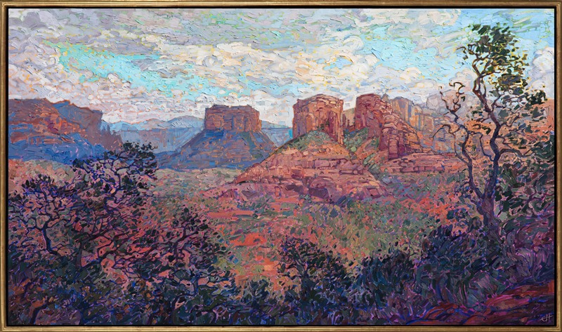 Sedona Buttes oil painting with reds and purples by contemporary impressionist artist Erin Hanson framed in a gold floater frame