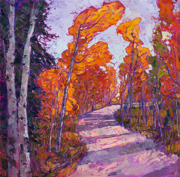 Autumn aspen oil painting for Hanson&#39;s The Orange Show in The Erin Hanson Gallery, October 2016.
