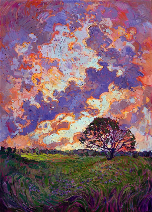 Burst of impressionist color and impasto brush strokes capture the beauty of the outdoors, original oil by Erin Hanson