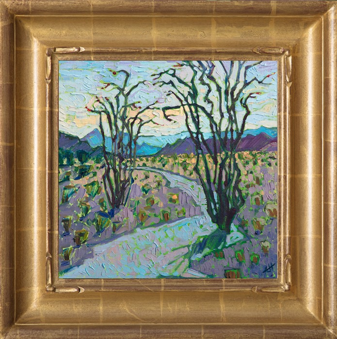 Small oil painting of Ocotillos in Big Bend, framed in a gold frame