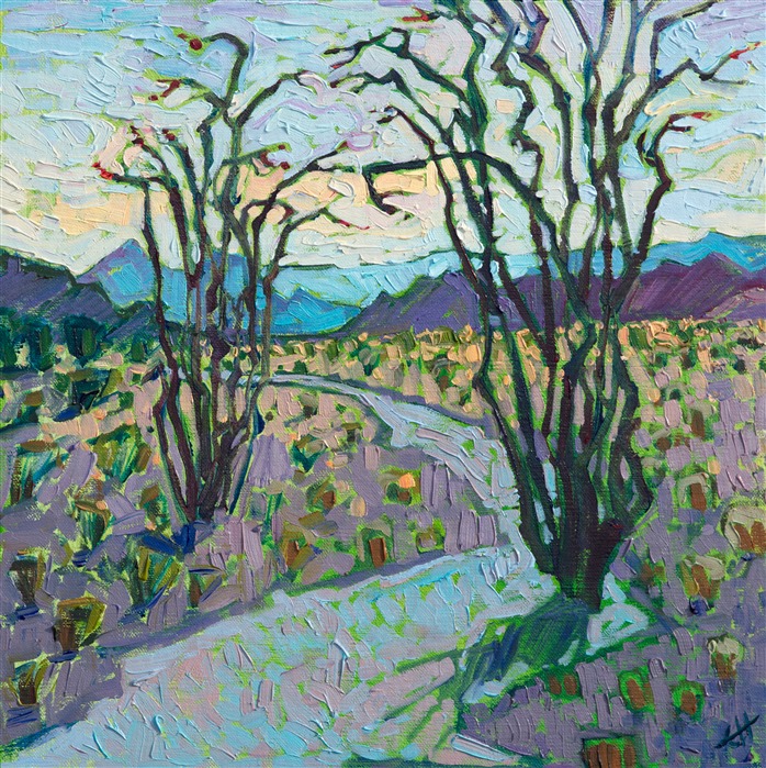 Ocotillo painting hanging at the Museum of the Big Bend, in Alpine TX, by contemporary artist Erin Hanson.