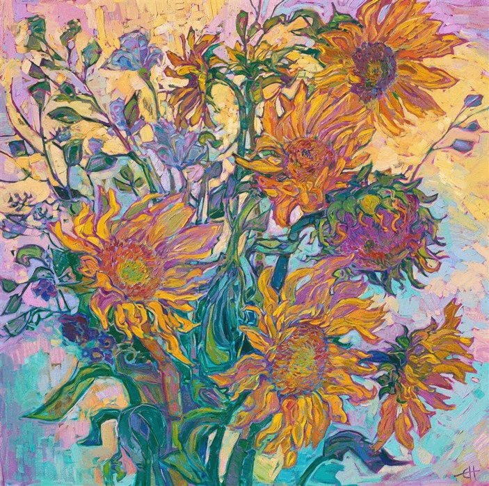 Colorful sunflower impressionist painting on 24kt gold leaf