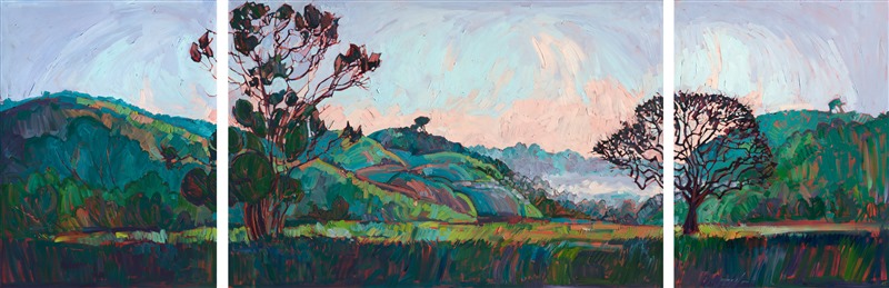 Beautiful Paso Robles painting of rolling hills and mist in the background by contemporary artist Erin Hanson