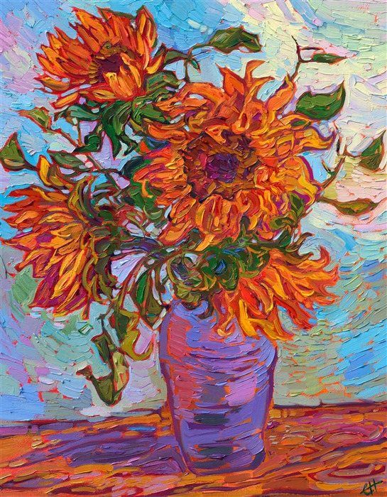 Vase of Sunflowers - original oil painting by modern impressionist painter Erin Hanson, in vibrant colors of orange and yellow.